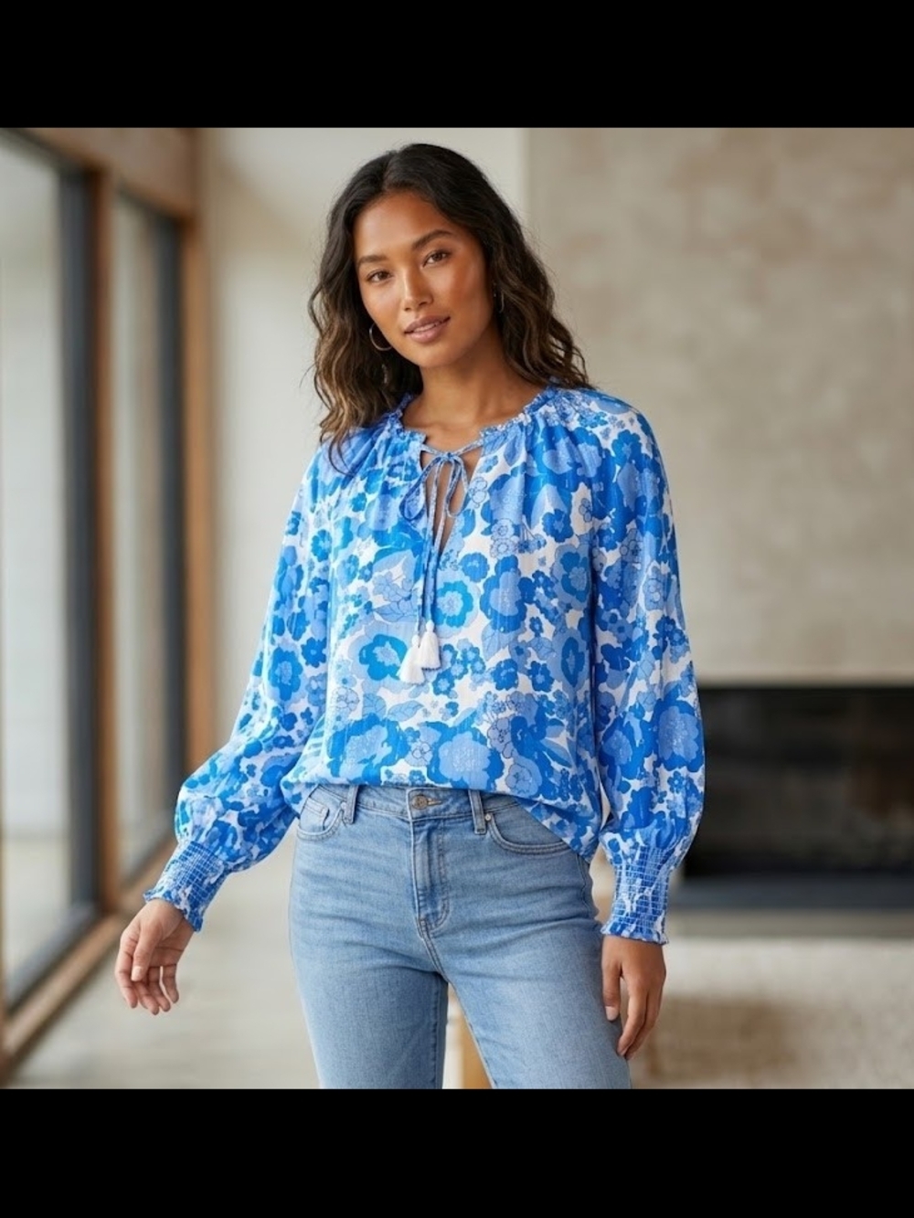 Sugarlips Blue Floral Tie-Neck Peasant Blouse
